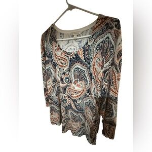 Dress Barn Long Sleeve Paisley Top - Navy, Coral, Ivory